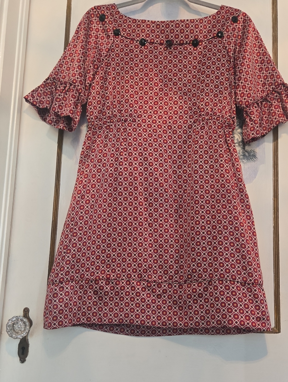 Geometric Burgundy And Goldi Stylish To The Max Short Flattered Sleeve Dress